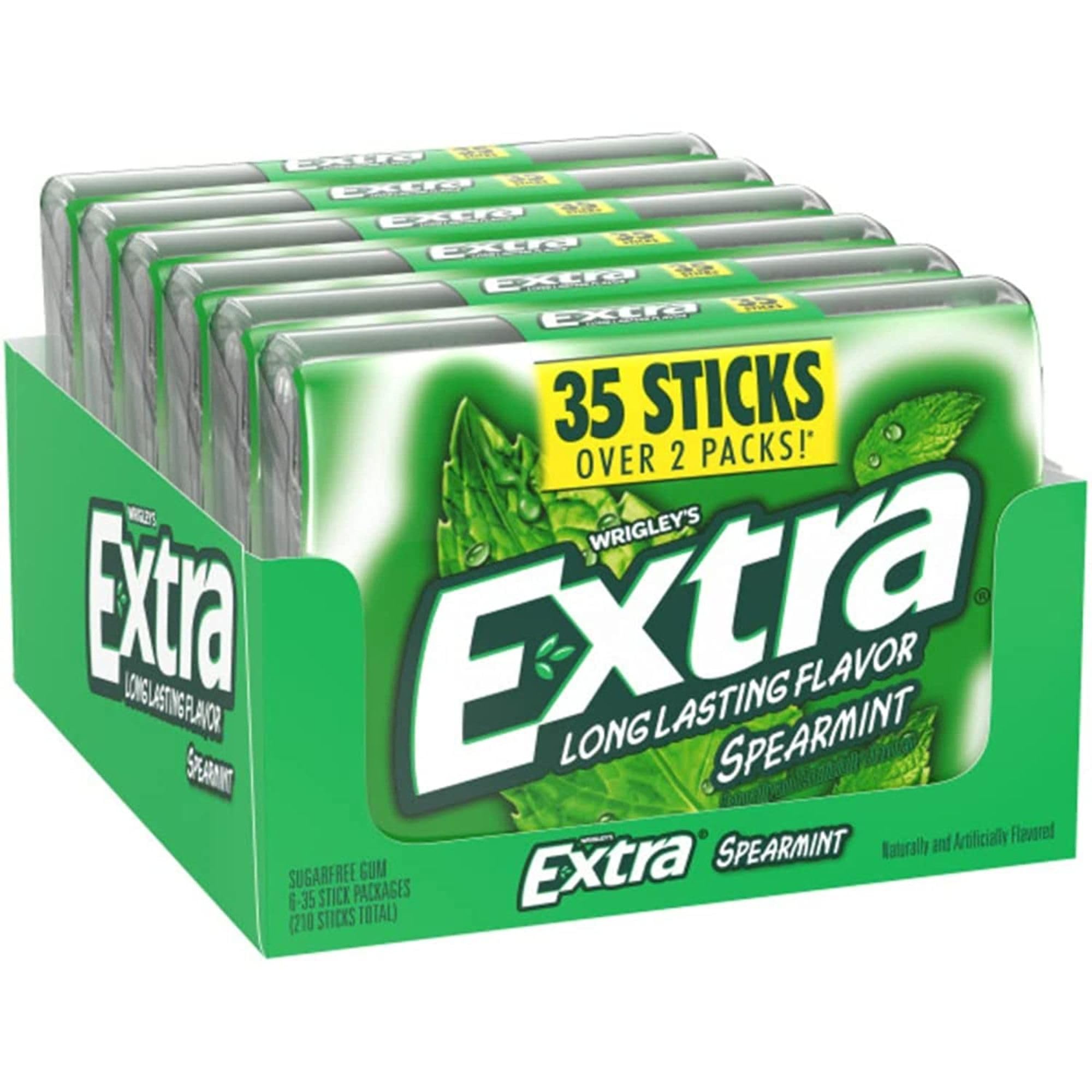 Long Lasting Flavor Spearmint Extra Gum 35 Sticks (Pack of 6), Sugar Free Chewing Gum Mega Pack, Spearmint Chewing Gum Bulk With Laiby Sticker