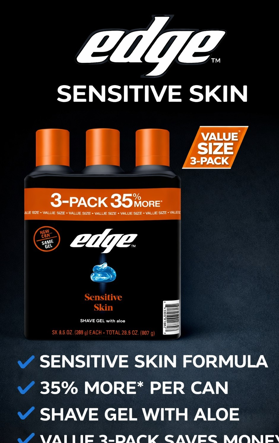 Edge Sensitive Skin Shave Gel with Aloe 3-Pack, 9.5 oz Each, 
