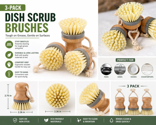 3-Pack Dish Scrub Brushes Wood Handle Nylon Bristles Eco-Friendly Beige Yellow