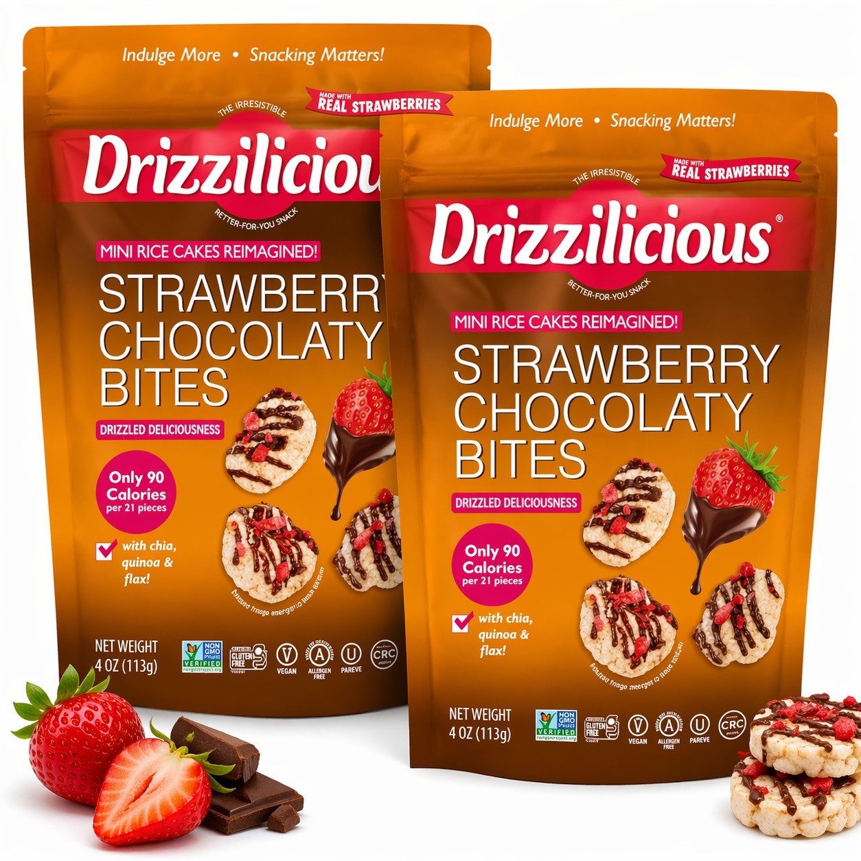 Drizzilicious Strawberry Chocolate Mini Rice Cakes Vegan Gluten Free Snacks 2 Pk