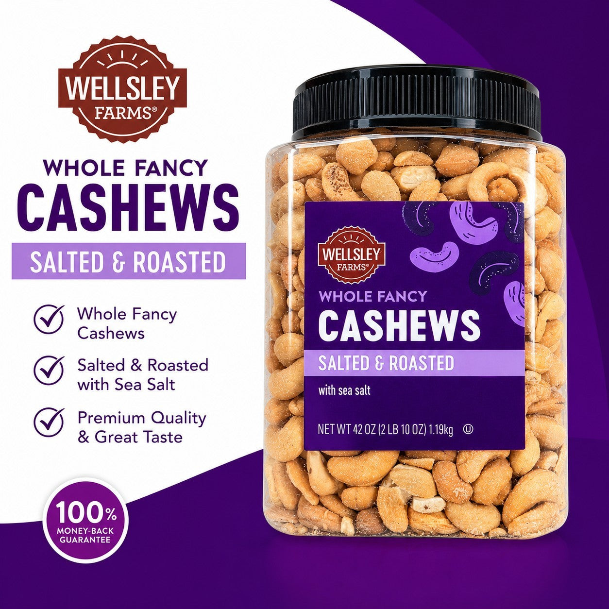 Wellsley Farms Whole Fancy Roasted Unsalted Cashews 42 oz Large Jar Snack Nuts