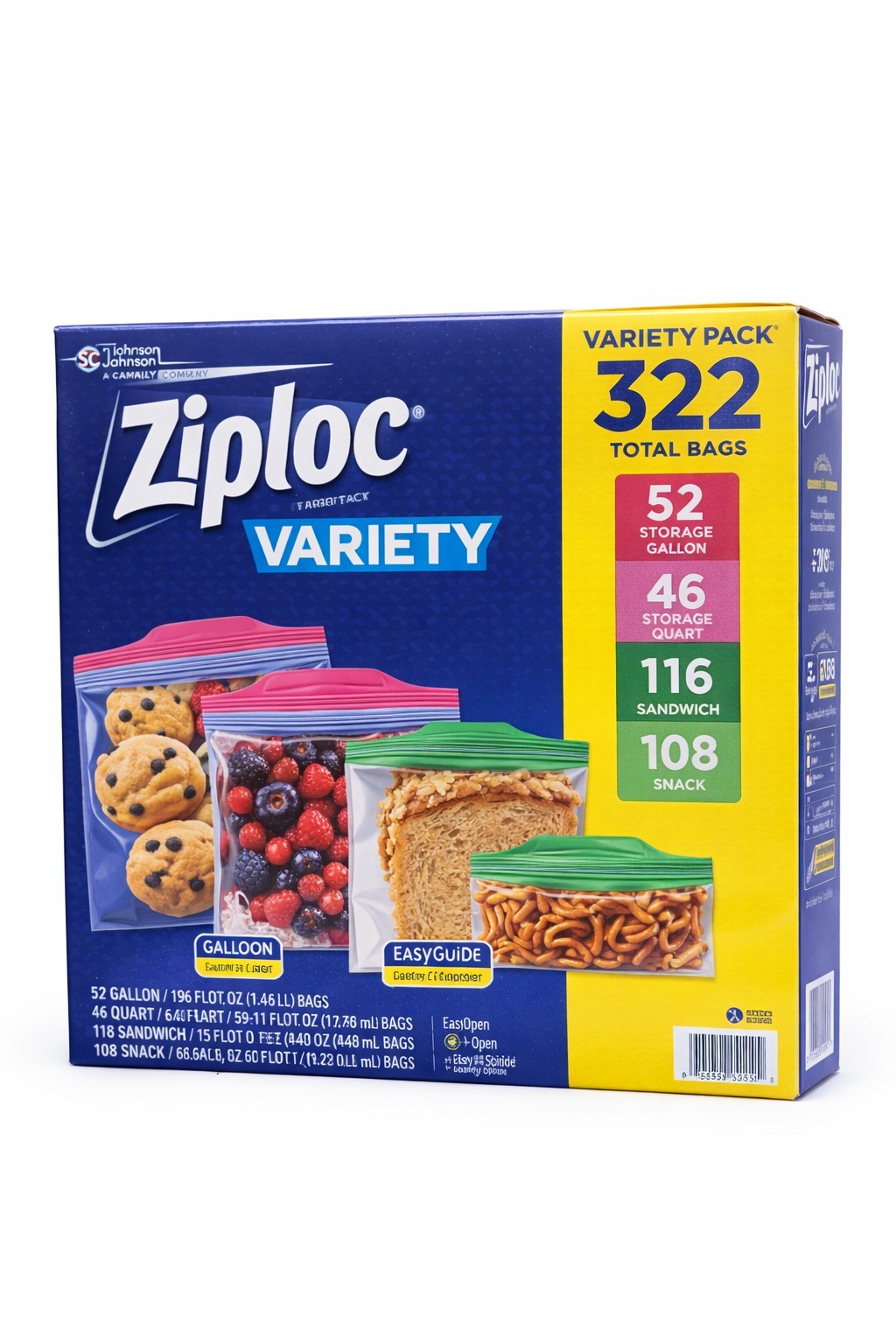 Ziploc Seal Top Bags Variety Pack Gallon Quart Sandwich Snack Sizes 322 Count
