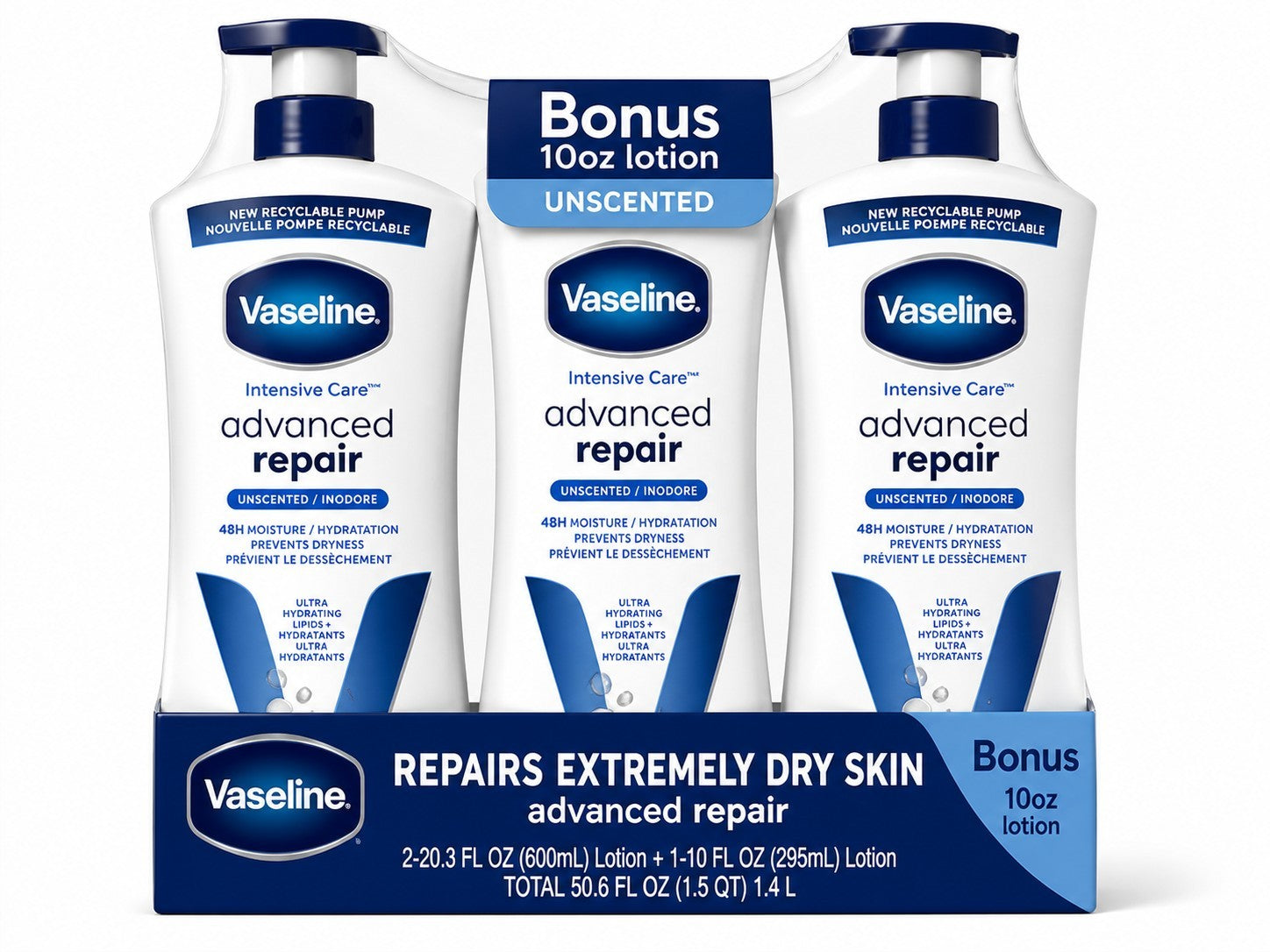 Vaseline Intensive Care Advanced Repair Unscented Body Lotion 2 Pack +Bonus 10OZ