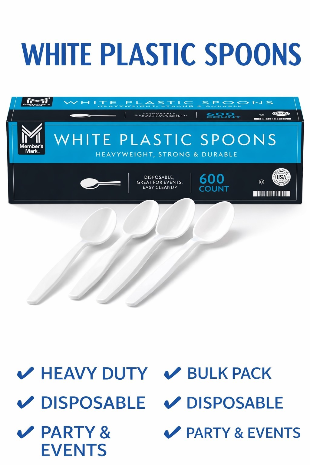 Member's Mark Heavyweight White Plastic Spoons 600 Ct Disposable Cutlery Bulk