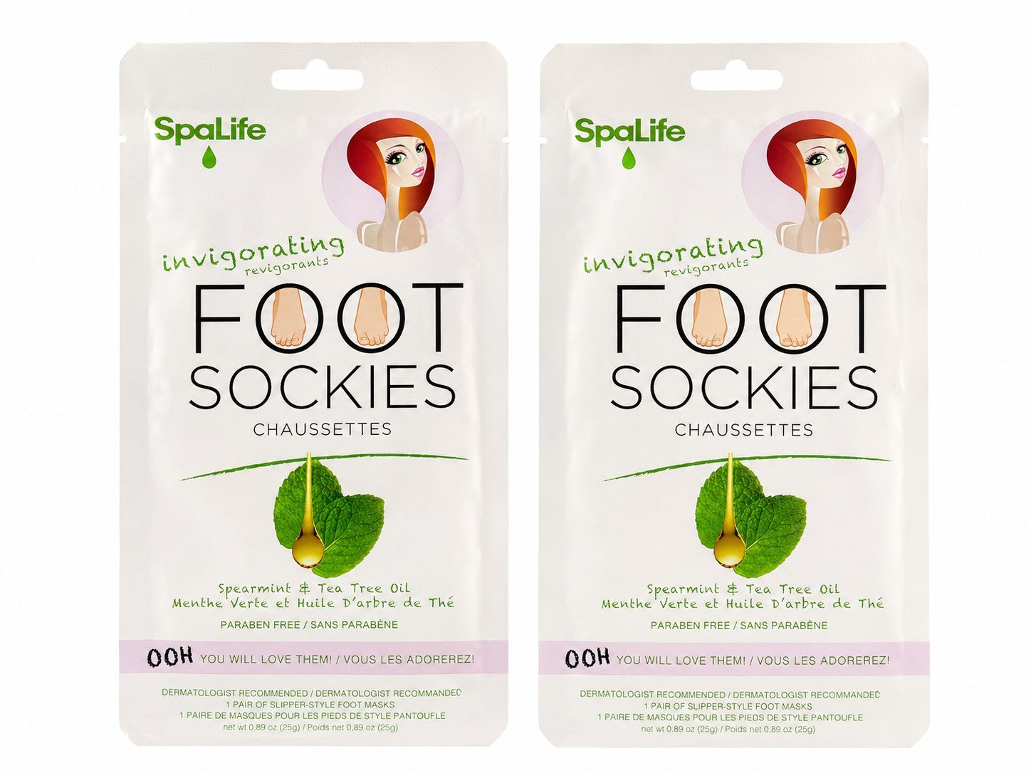 Spa Life Invigorating Foot Sockies foot masks Spearmint & Tea Tree Oil 2 PACK