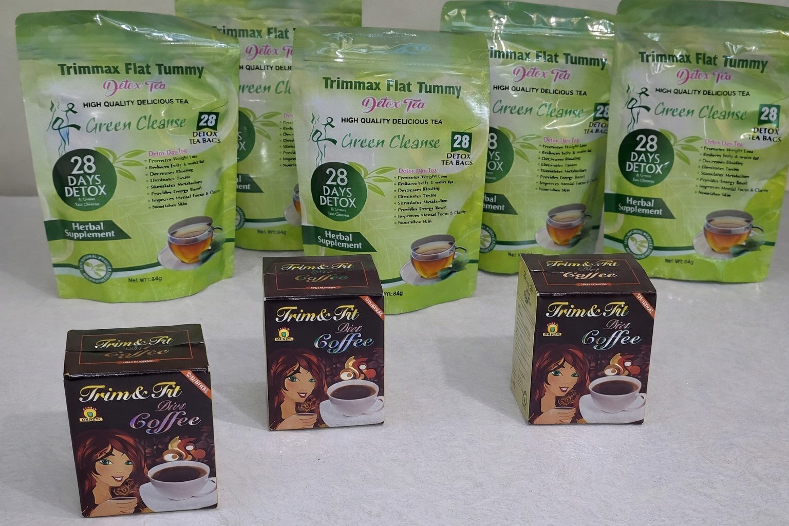 Trimmax Flat Tummy Detox Tea 28 Day + 3 Trim & Fit Diet Coffee Boxes Bundle