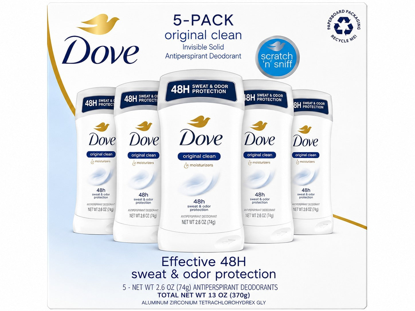 Dove Original Clean Antiperspirant Deodorant 5 Pack 48H Protection 2.6 oz Each