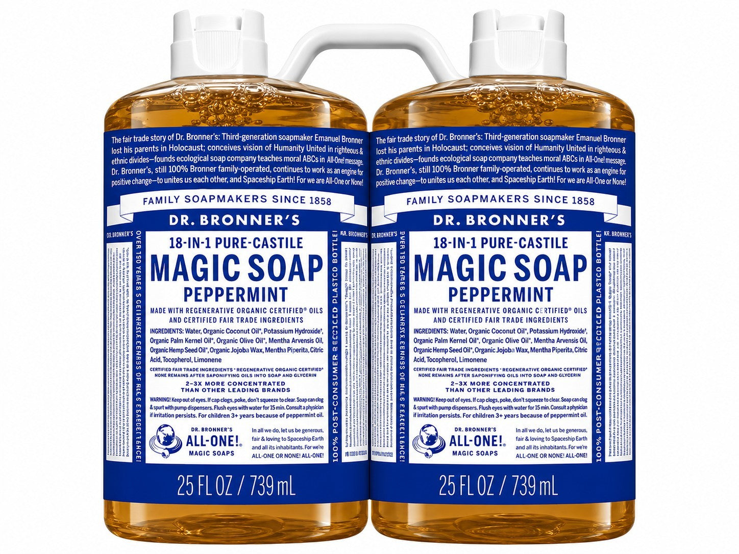 Dr. Bronner's 18-in-1 Pure-Castile Peppermint Liquid Soap Organic 2 Pack 25 oz