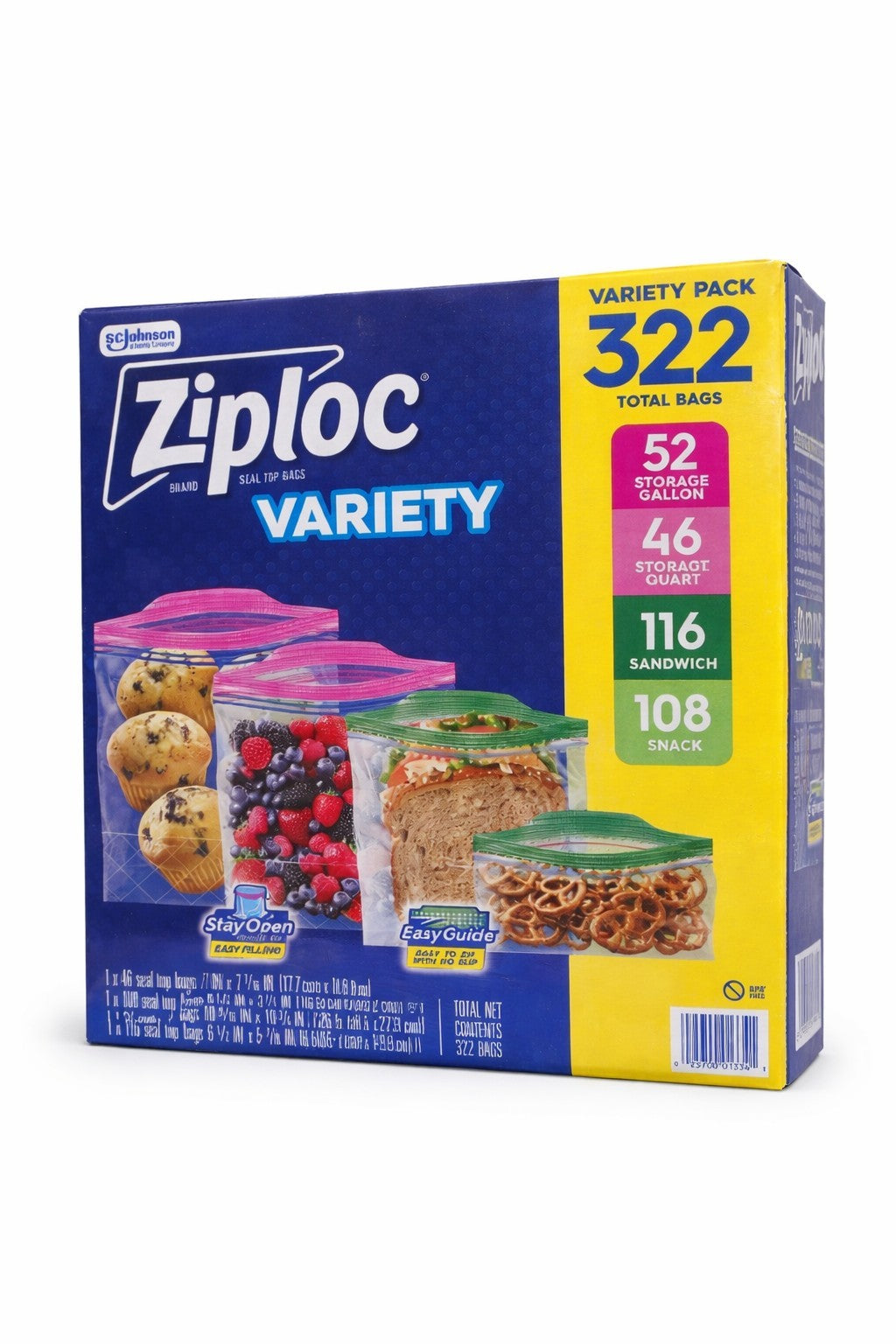 Ziploc Seal Top Bags Variety Pack Gallon Quart Sandwich Snack Sizes 322 Count