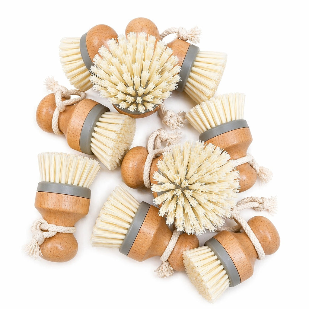 Kitchen Dish Scrub Brush Wood Handle Fiber Bristles with Hanging Loop