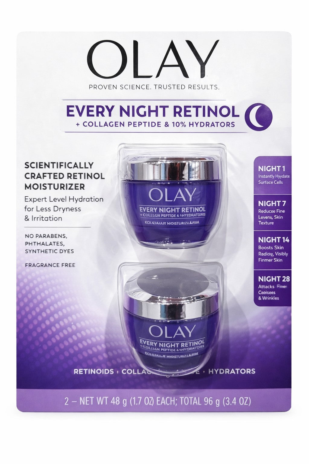 Olay Regenerist Retinol 24 Night Cream 2 Pack Collagen Peptide Moisturizer 3.4oz