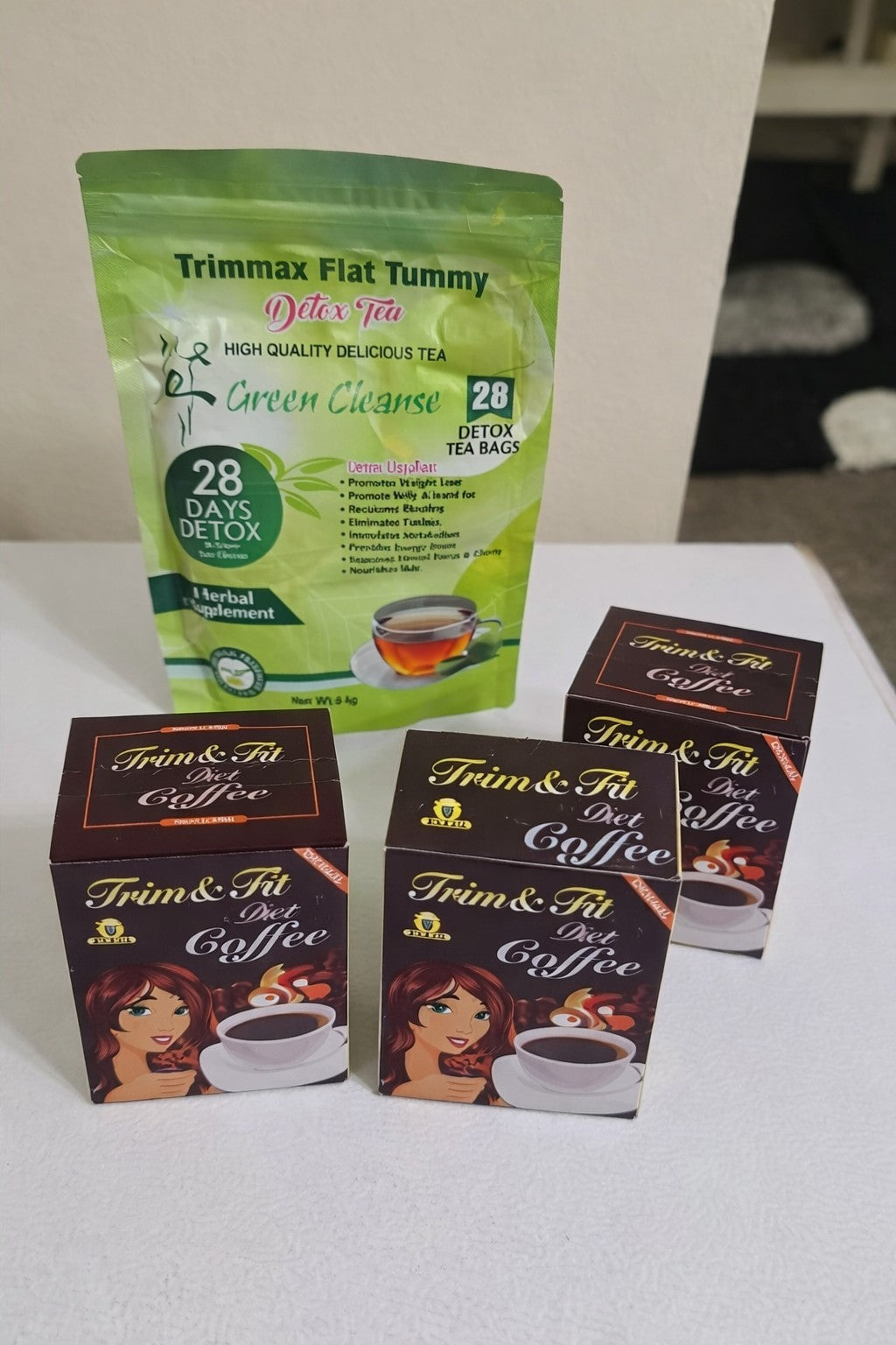 Trimmax Flat Tummy Detox Tea 28 Day + 3 Trim & Fit Diet Coffee Boxes Bundle