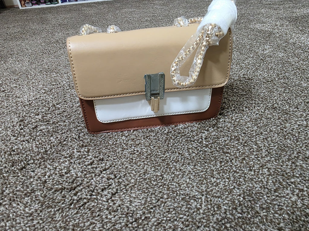 Colorblock Shoulder Bag Beige Brown White Chain Strap Clasp Women Rectangle