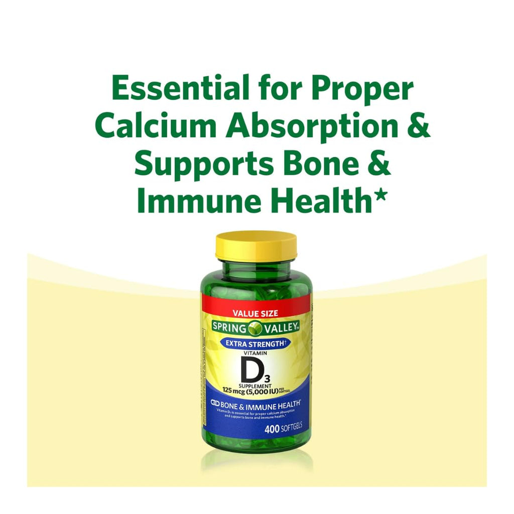 Vitamin D3 Spring Valley Softgels, 125 mcg per Softgel, 5,000 IU, 400 Count, and Gift Ice Roller for Face