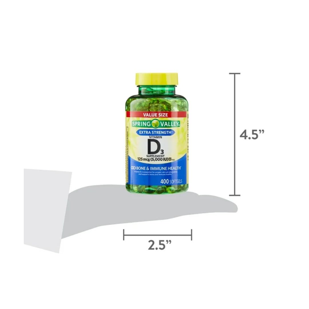 Vitamin D3 Spring Valley Softgels, 125 mcg per Softgel, 5,000 IU, 400 Count, and Gift Ice Roller for Face