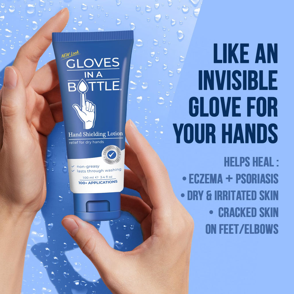 Gloves In A Bottle Title Psoriasis Eczema Relief Hand Lotion Travel Size - Shielding Lotion for Women, Men, 6 months old or older babies - Cracked Hands Repair Cream - 3.4 oz