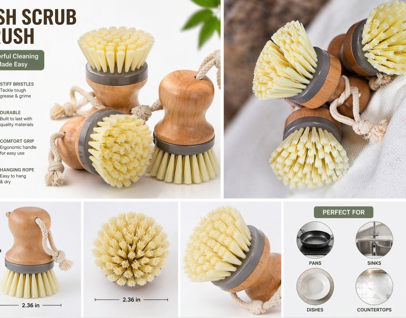 3-Pack Dish Scrub Brushes Wood Handle Nylon Bristles Eco-Friendly Beige Yellow