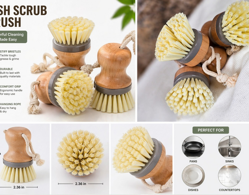 3-Pack Dish Scrub Brushes Wood Handle Nylon Bristles Eco-Friendly Beige Yellow