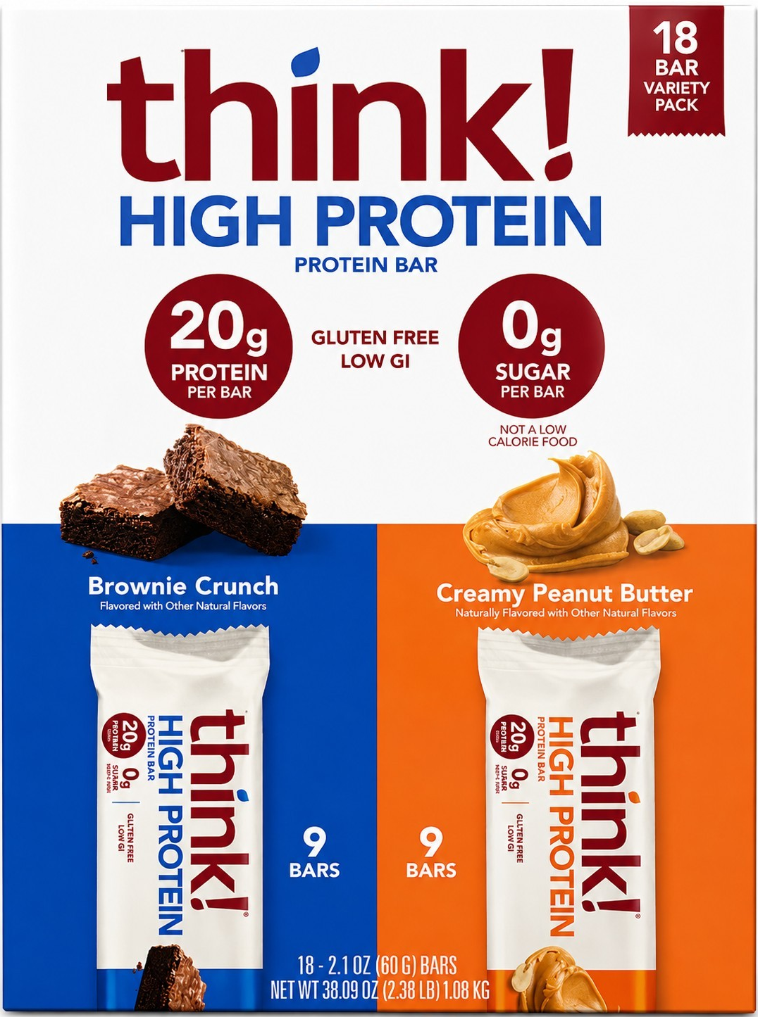 think! High Protein Bar Brownie Crunch & Creamy Peanut Butter 18 Bars