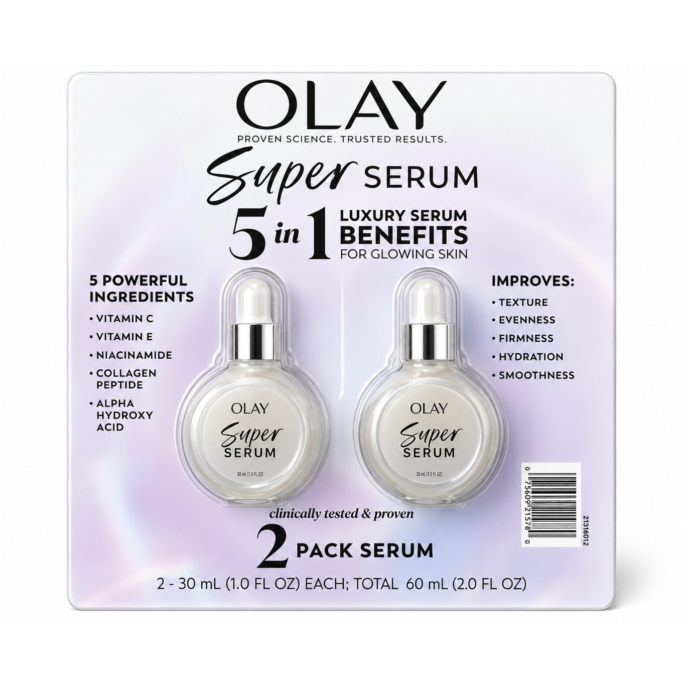 Olay Super Serum 5 in 1 2 Pack, 60ml, Vitamin C, E, Niacinamide, Collagen, AHA