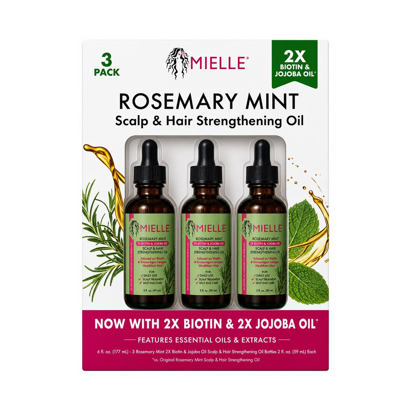 Mielle Rosemary Mint Scalp & Hair Strengthening Oil Biotin 3 Pack 6 fl oz