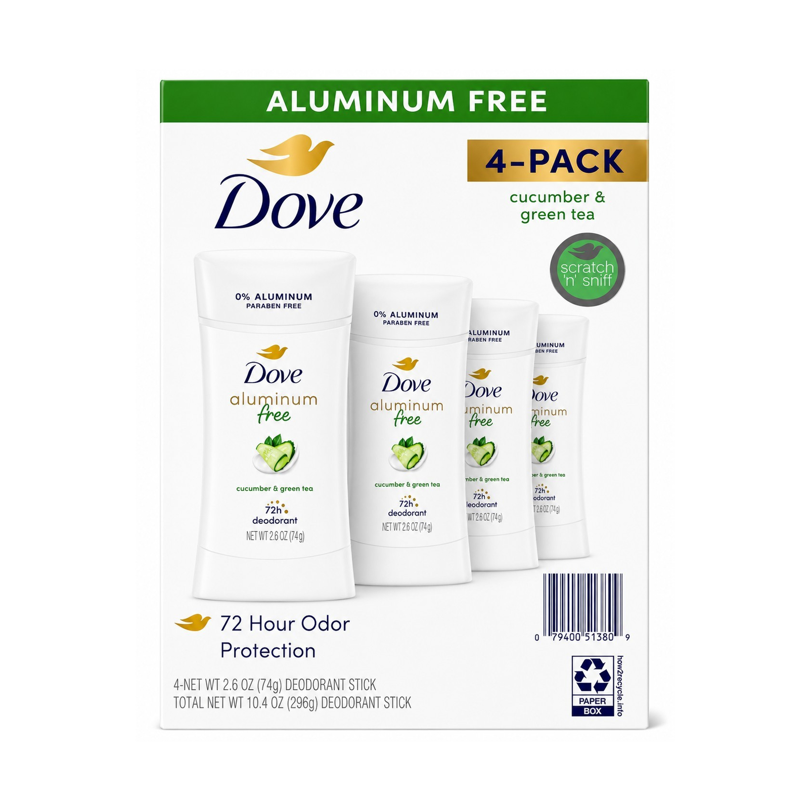 Dove Aluminum Free Deodorant Stick Cucumber & Green Tea 2.6 oz (4 counts)