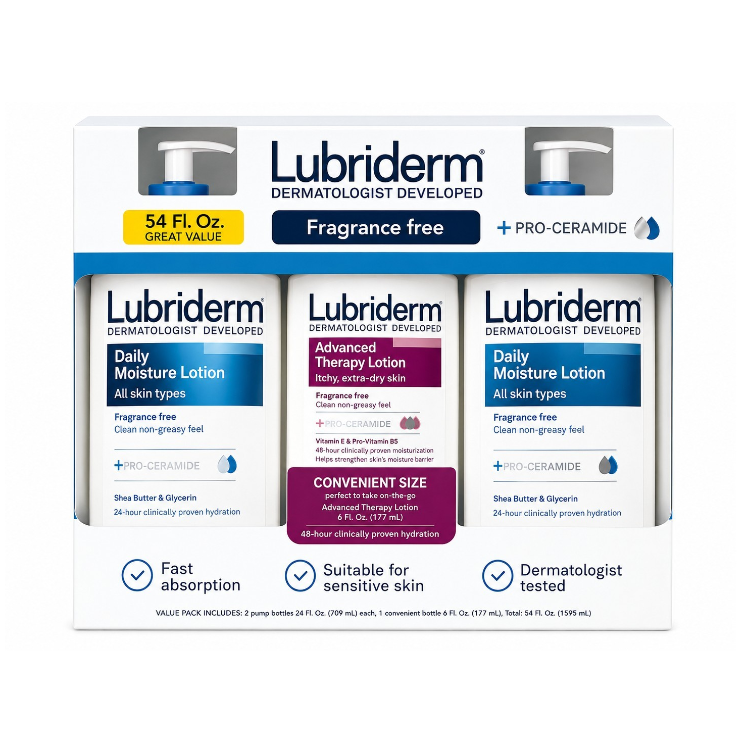 Lubriderm Fragrance-Free Lotion Value Pack 54 fl oz Daily Moisture + Advanced