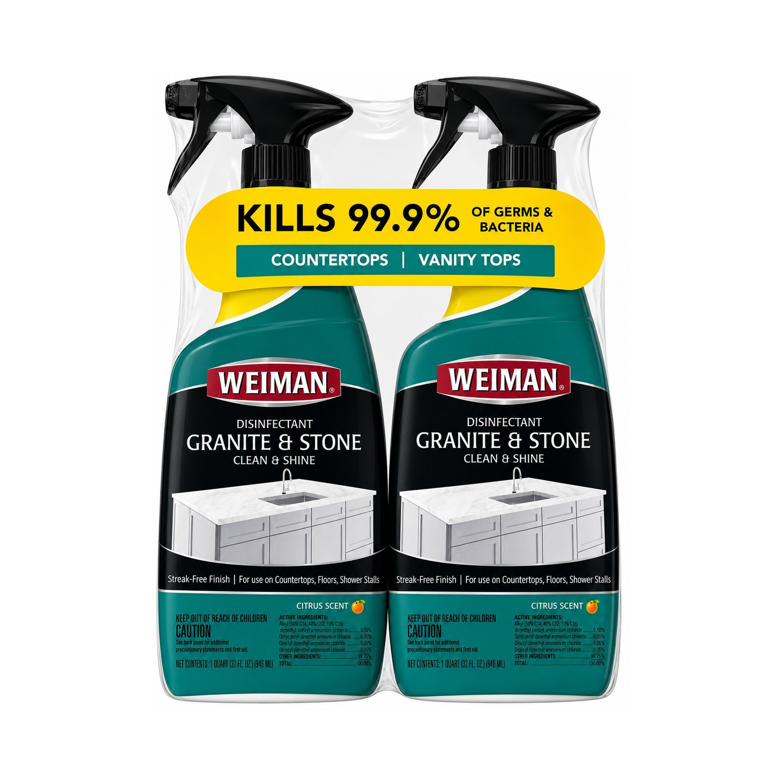 Weiman Disinfectant Granite & Stone Spray for Countertops, Citrus, 32oz 2pk