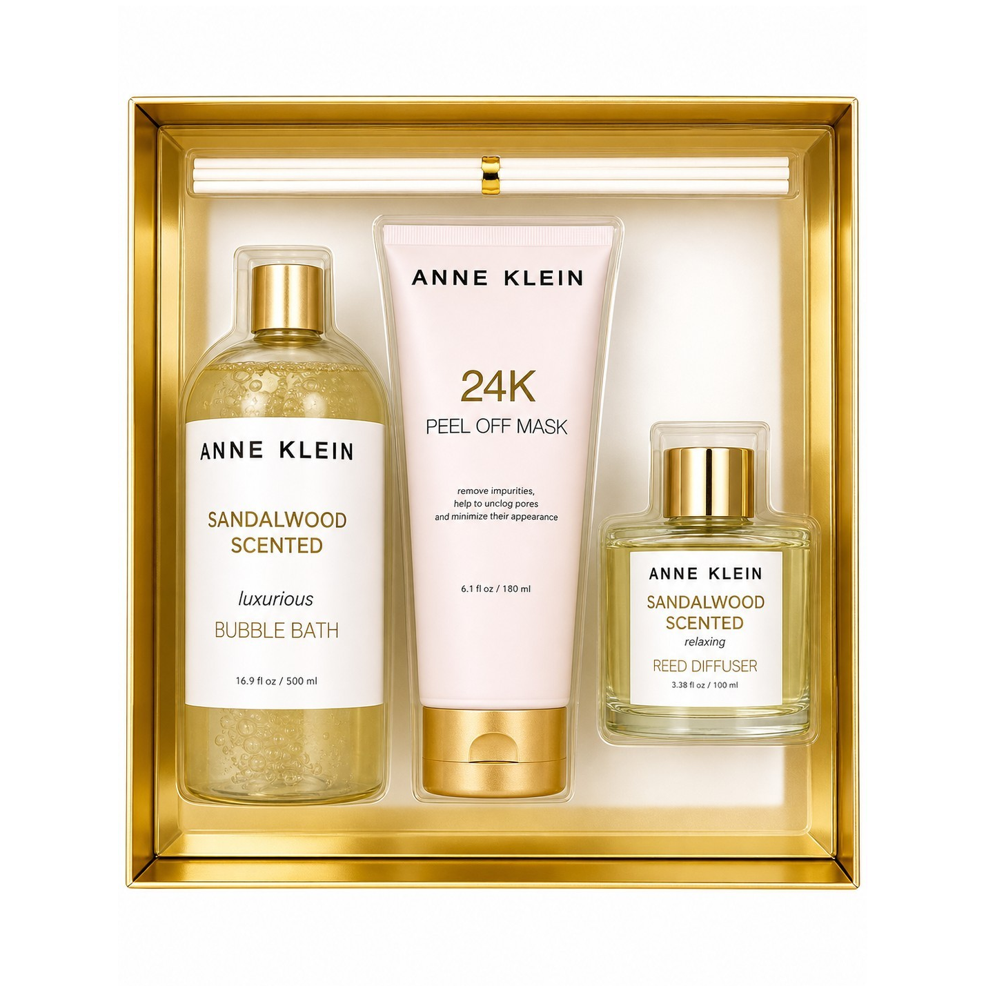 Anne Klein 24K Sandalwood Gft Set Bubble Bath Peel-Off Mask ,Diffuser(pre owned)