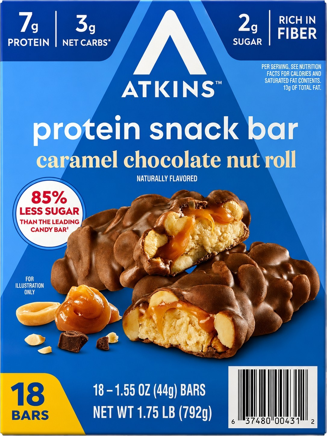 Atkins Protein Snack Bars Caramel Chocolate Nut 18ct 1.55oz Low Carb