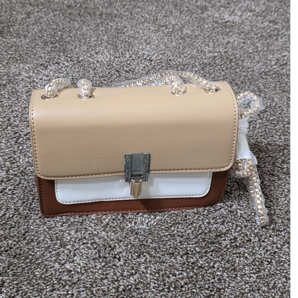 Colorblock Shoulder Bag Beige Brown White Chain Strap Clasp Women Rectangle