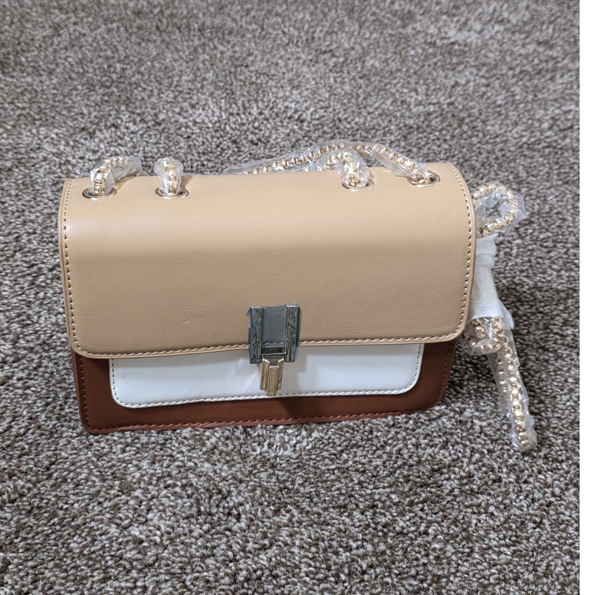 Colorblock Shoulder Bag Beige Brown White Chain Strap Clasp Women Rectangle
