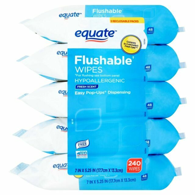Equate Flushable Wipes, Fresh , 5 packs of 48 wipes, 240 TotalWipes,(pack of 2)